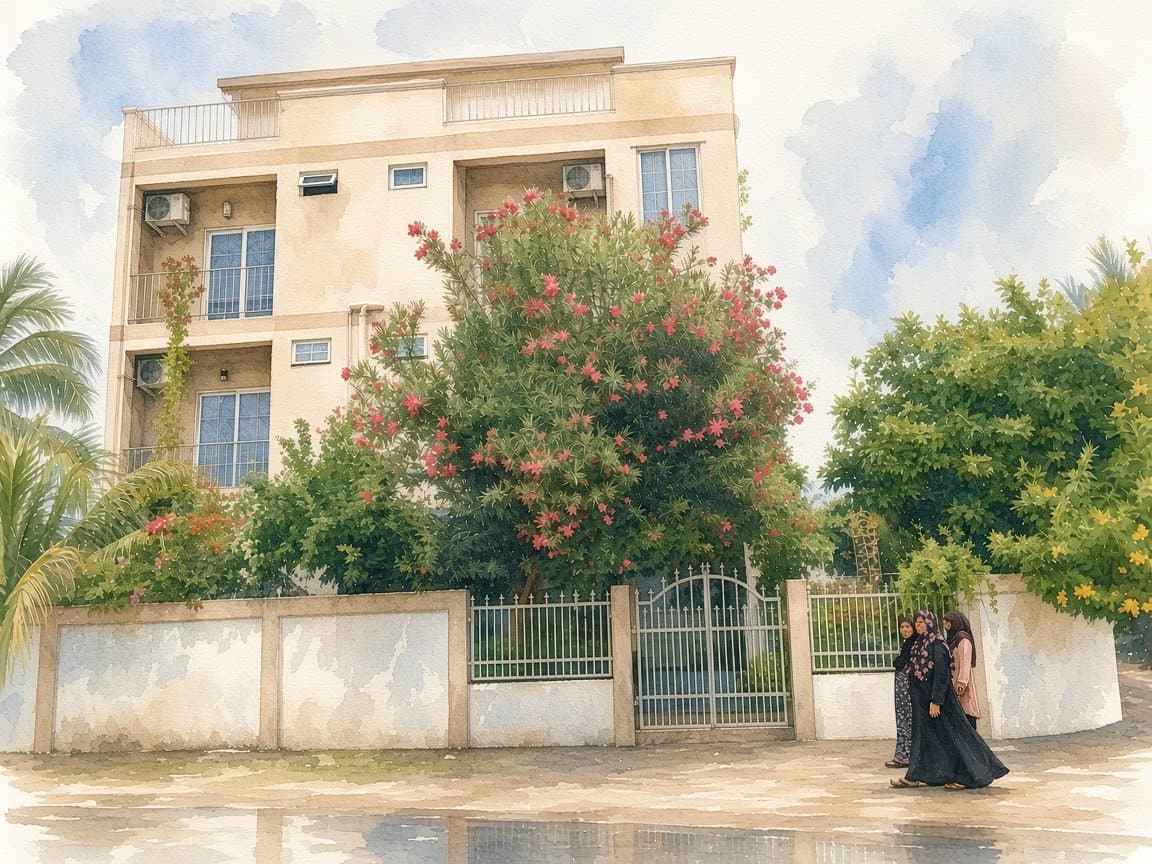 Watercolour of the home stay behind its garden wall, with a flowering oleander by the gate