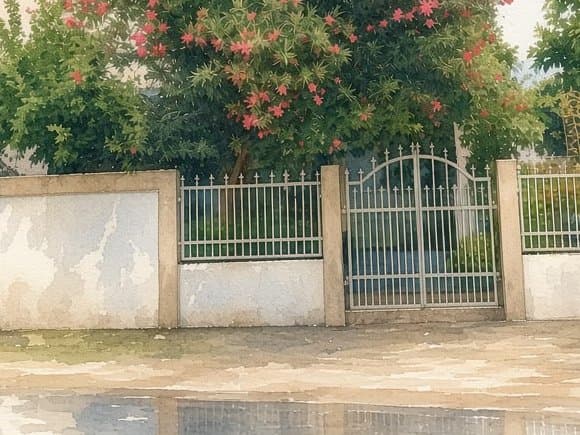 The front gate of the home stay beneath a flowering oleander