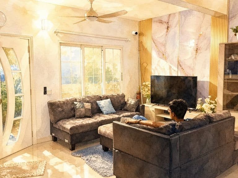 Lounge with a large sectional sofa, a television and marble feature wall