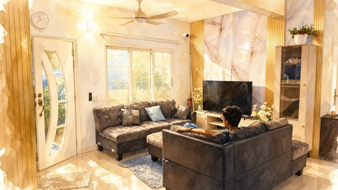 Lounge with a large sectional sofa, a television and marble feature wall