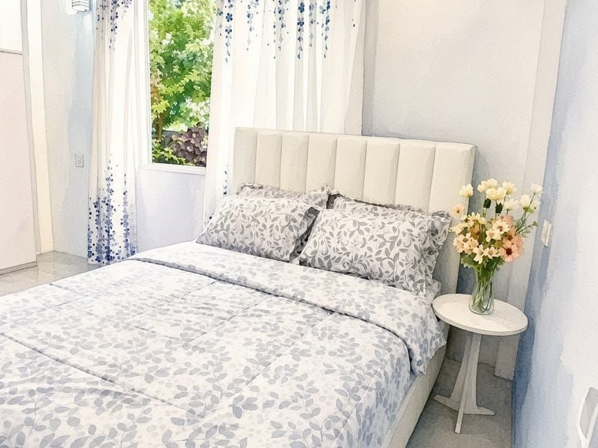 Bedroom with a queen bed, leaf-print linen and fresh flowers on the bedside table